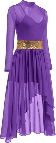 IBAKOM Shiny Sequins Women Lyrical Contemporary Dance Costume Long Sleeve Mesh Glitter Ballroom Prom Dance Dress in Kuwait