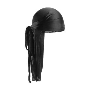 Men Women Durag Extra Long-Tail Headwraps Silky Satin Pirate Cap Bandana Hat for 360 Waves Black