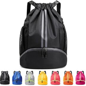 Drawstring Backpack Sports Gym Sackpack with Side Mesh Pockets Shoe Compartment Water Resistant String Bag for Women Men (Black)