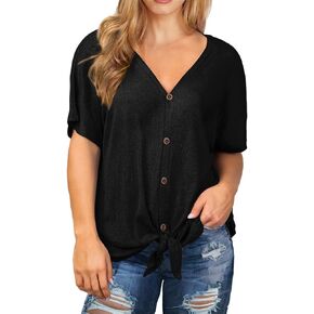 OLRIK Womens Plus Size Tops Long/Short Sleeve V Neck Waffle Knit Tunic Blouse Tie Front Button Up T Shirts in Saudi Arabia