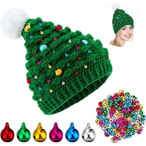 Unisex Christmas Tree Beanie Xmas Green Hat DIY Santa Winter Warm Knitted Beanie Christmas Cap with 60 Pcs 8mm Bells for Adult Women Men in Saudi Arabia