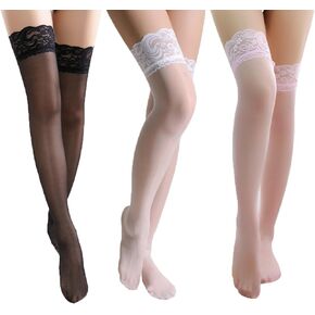 MUYDZ 3 Pairs Lovable Sexy Long Silk Stockings with Lace, Ultra-Thin 30D, Breathable, Stockings for Women Girls