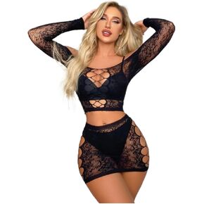 HAYZZ Women Sexy Lingerie Sensual 2pcs Set Exotic Dancing Apparel Off Shoulder Long Sleeve Cut Out Full Body Halloween Fishnet Bodystocking Black in Saudi Arabia