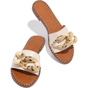 Powerpurlife Women's Flat Heels Open Toe Backless Slippers Metallic Chains Slip On Summer Indoor Outdoor Slide Sandals.