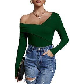 Women's Sexy Off The Shoulder Tops Long Sleeve Cross Wrap Ribbed Knit Tee Shirt Blouse