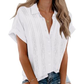 VVK المرأة قصيرة الأكمام القطن قميص كتان عادية الياقة زر أسفل قميص الخامس الرقبة مطوي القمم بلوزات عادية in Kuwait