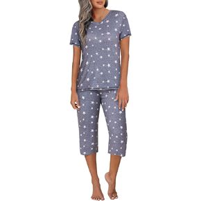 Ekouaer Women's Sleepwear Capri Pajama Sets Short Sleeve Two-Piece Pjs V Neck Tops & Capri Pants with Pockets S-3XL