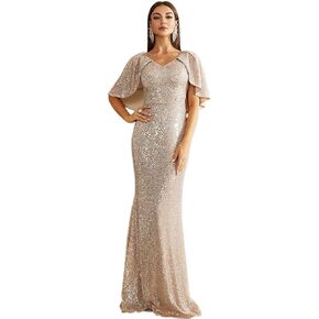 Lin Lin Q Women’s Formal Sequin V Neck Maxi Dress, Bodycon Short Sleeve Shawls Evening Party Gowns in Saudi Arabia