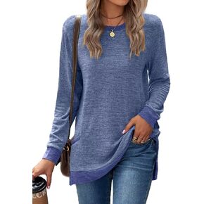 WELINCO Womens Crewneck Pullovers Color Block Long Sleeve Side Split Pockets Tunic Tops