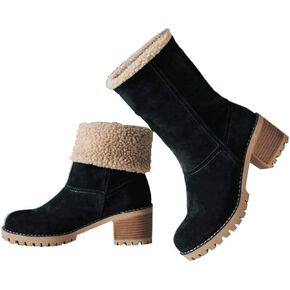 VIMISAOI Winter Boots for Women, Comfortable Slip On Mid Chunky Heel Suede Warm Snow Ankle Boots Outdoor Shoes in Kuwait