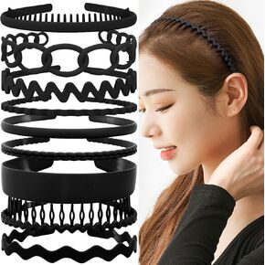 TOBATOBA 9Pcs Plastic Headbands, Black Headbands for Women Girls Non Slip, plastic headband with Teeth, Hairbands for Women's Hair, Thin Headbands Comb Headbands Hair Accessories for Women Girls