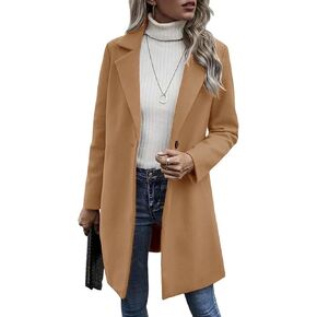 Cicy Bell Women's Notched Lapel Wool Pea Coat Long Sleeve Casual Mid-Long Overcoats