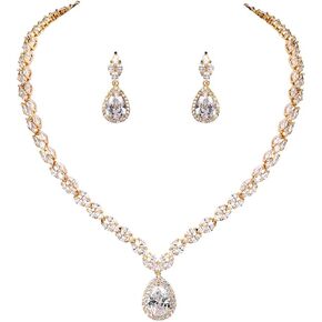 WeimanJewelry White Gold/Gold Plated Women Cubic Zirconia CZ Marquise Teardrop Bridal Tennis Necklace and Drop Earring Set for Wedding Brides