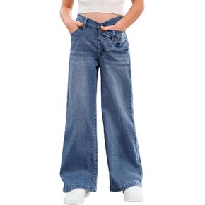 rrhss Girls Flare Jeans Crossover Waisted Wide Leg Jeans Denim Pants for Kids