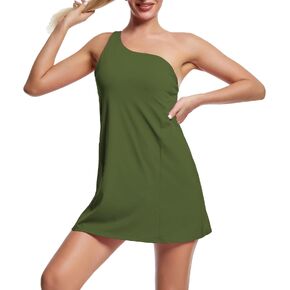 KuaCua Womens Tennis Dress,One Shoulder Workout Athletic Golf Dresses with Shorts and Bra Active Exercise Dress with Pockets