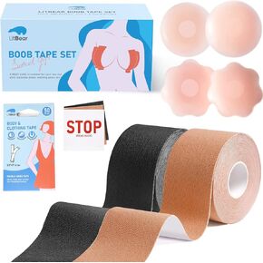 شريطان لرفع الثدي - شريط رفع الثدي، شريط للجسم لرفع الثدي مع زوجين من بتلات الثدي السيليكون حمالة صدر لاصقة قابلة لإعادة الاستخدام و50 قطعة شريط مزدوج الجوانب، شريط بوب للثدي الكبير، كوب A-G، أسود وعاري in Kuwait