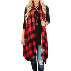 Ivay Womens Plaid Open Front Cardigan Sleeveless Drape Lightweight Vest Coat with Pockets