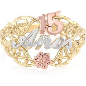 Ioka -14K الصلبة ثلاثي الألوان الذهب الحلو 15 أنوس 15 سنة عيد ميلاد خاتم زهرة Quinceanera in Saudi Arabia