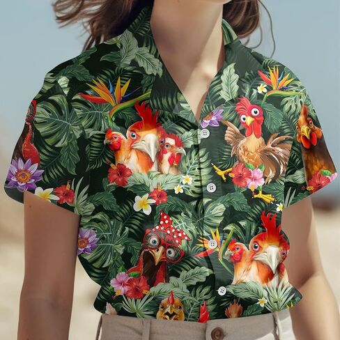 Tropical Chicken Women's Hawaiian Shirt, Chicken Gifts for Women, Funny Rooster Shirt Men, Birthday Gifts for Men Women (XL) in Saudi Arabia