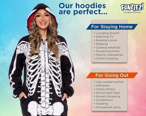 سترات الهالوين الممتعة، أزياء اليقطين والهيكل العظمي، سترات بقلنسوة للبالغين للنساء والرجال من FUNZIEZ! in Kuwait