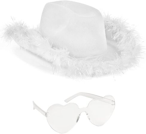 Funcredible White Cowgirl Hat with Glasses - Halloween Cowboy Hat with Feathers - Cow Girl Costume Accessories - Fun Bride Western Rodeo Party Hats and Goggles for Women, Girls and Kids in Saudi Arabia