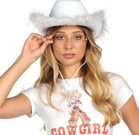 Funcredible White Cowgirl Hat with Glasses - Halloween Cowboy Hat with Feathers - Cow Girl Costume Accessories - Fun Bride Western Rodeo Party Hats and Goggles for Women, Girls and Kids in Saudi Arabia