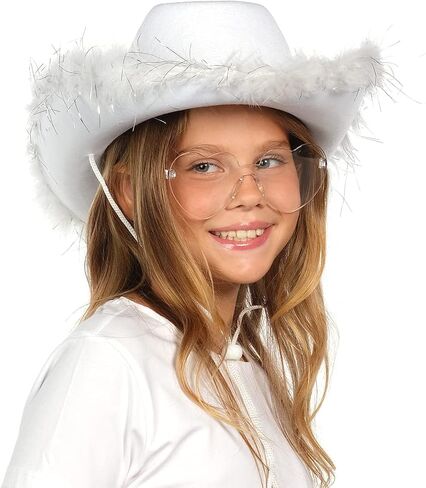 Funcredible White Cowgirl Hat with Glasses - Halloween Cowboy Hat with Feathers - Cow Girl Costume Accessories - Fun Bride Western Rodeo Party Hats and Goggles for Women, Girls and Kids in Saudi Arabia