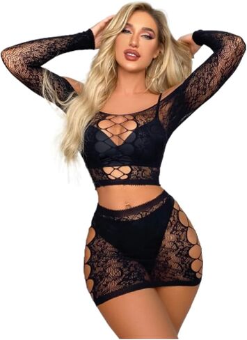 HAYZZ Women Sexy Lingerie Sensual 2pcs Set Exotic Dancing Apparel Off Shoulder Long Sleeve Cut Out Full Body Halloween Fishnet Bodystocking Black in Saudi Arabia