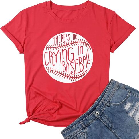 Theres No Crying in Baseball T Shirt Women Baseball Mom Graphic Tees Casual Short Sleeve Tops Baseball T-Shirt in Kuwait