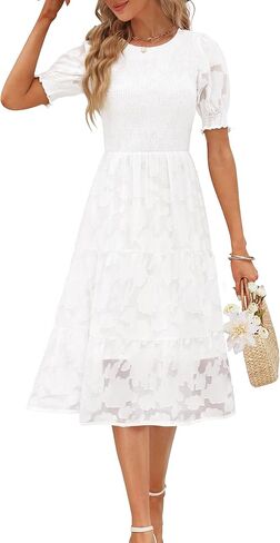 فستان Zattcas النسائي 2023 فستان صيفي غير رسمي قصير الأكمام منتفخ بوهو فستان متوسط ​​الطول متواضع منقوش عليه زهور مع جيوب in Kuwait