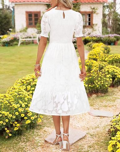 فستان Zattcas النسائي 2023 فستان صيفي غير رسمي قصير الأكمام منتفخ بوهو فستان متوسط ​​الطول متواضع منقوش عليه زهور مع جيوب in Kuwait