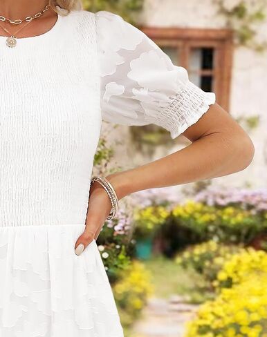 فستان Zattcas النسائي 2023 فستان صيفي غير رسمي قصير الأكمام منتفخ بوهو فستان متوسط ​​الطول متواضع منقوش عليه زهور مع جيوب in Kuwait