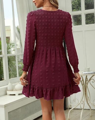 Zattcas إمرأة 2023 خريف شتاء كم طويل فستان قصير منقط سويسري رقبة على شكل V خصر إمبراطوري كشكش فستان بيبي دول غير رسمي in Kuwait