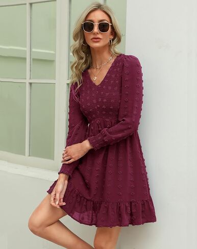 Zattcas إمرأة 2023 خريف شتاء كم طويل فستان قصير منقط سويسري رقبة على شكل V خصر إمبراطوري كشكش فستان بيبي دول غير رسمي in Kuwait