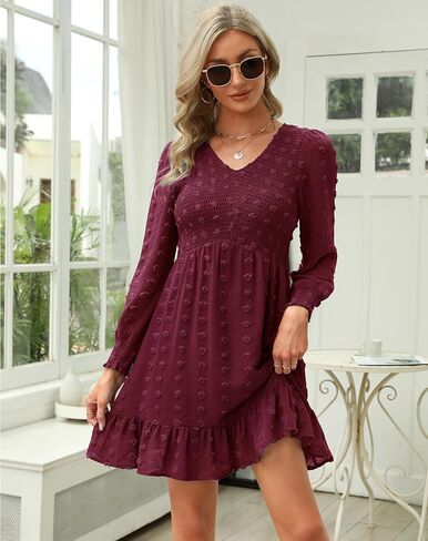 Zattcas إمرأة 2023 خريف شتاء كم طويل فستان قصير منقط سويسري رقبة على شكل V خصر إمبراطوري كشكش فستان بيبي دول غير رسمي in Kuwait