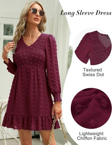 Zattcas إمرأة 2023 خريف شتاء كم طويل فستان قصير منقط سويسري رقبة على شكل V خصر إمبراطوري كشكش فستان بيبي دول غير رسمي in Kuwait