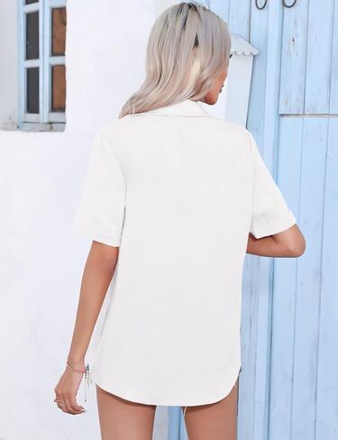 VVK المرأة قصيرة الأكمام القطن قميص كتان عادية الياقة زر أسفل قميص الخامس الرقبة مطوي القمم بلوزات عادية in Kuwait