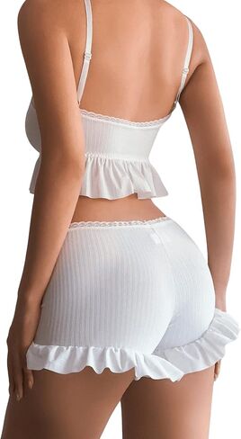 SweatyRocks المرأة 2 قطعة الملابس الداخلية مجموعة بيجامة مجموعات كشكش تقليم التعادل الجبهة كامي الأعلى والسراويل ملابس النوم in Kuwait