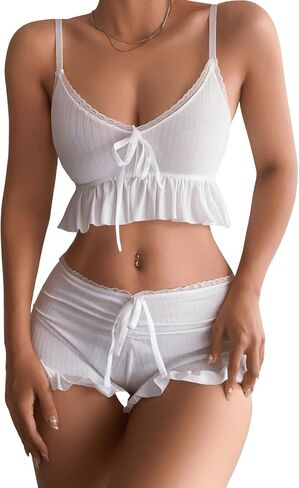 SweatyRocks المرأة 2 قطعة الملابس الداخلية مجموعة بيجامة مجموعات كشكش تقليم التعادل الجبهة كامي الأعلى والسراويل ملابس النوم in Kuwait