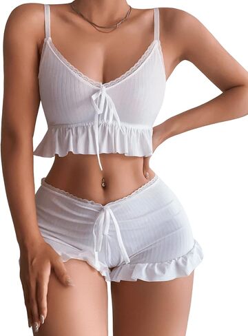 SweatyRocks المرأة 2 قطعة الملابس الداخلية مجموعة بيجامة مجموعات كشكش تقليم التعادل الجبهة كامي الأعلى والسراويل ملابس النوم in Kuwait