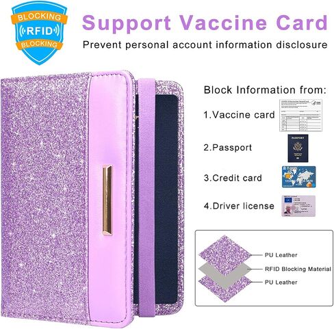 Caweet Passport Holder and Vaccine Card Holder Combo RFID Blocking Leather Vaccination Card Wallet with Elastic Band Closure, Glitter Rose Gold in Kuwait