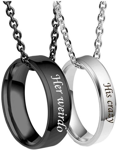 MJartoria Matching Necklaces for Couples-His Crazy Her Weirdo Engraved Ring Pendant Necklaces Anniversary Valentines Day Gifts for Boyfriends Girlfriends in Kuwait