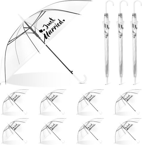 Kajaia 12 Pcs Clear Umbrella Just Married Wedding Style Stick Umbrellas Large Canopy Auto Open Windproof Transparent Umbrella with J Hook Handle for Wedding Bridal Shower Party Supplies in Saudi Arabia