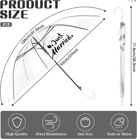 Kajaia 12 Pcs Clear Umbrella Just Married Wedding Style Stick Umbrellas Large Canopy Auto Open Windproof Transparent Umbrella with J Hook Handle for Wedding Bridal Shower Party Supplies in Saudi Arabia