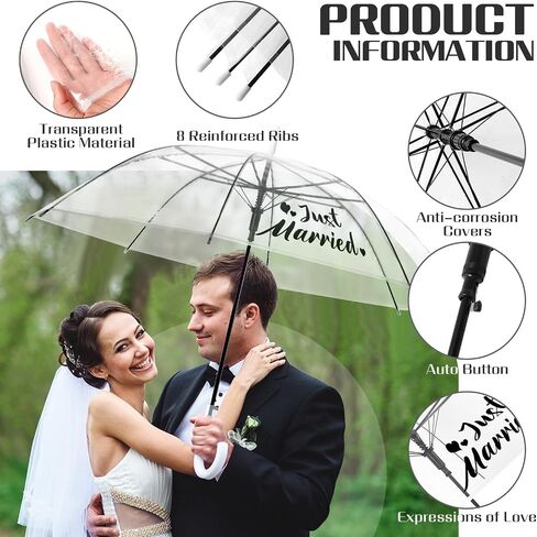 Kajaia 12 Pcs Clear Umbrella Just Married Wedding Style Stick Umbrellas Large Canopy Auto Open Windproof Transparent Umbrella with J Hook Handle for Wedding Bridal Shower Party Supplies in Saudi Arabia