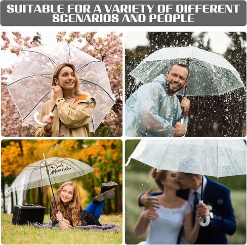 Kajaia 12 Pcs Clear Umbrella Just Married Wedding Style Stick Umbrellas Large Canopy Auto Open Windproof Transparent Umbrella with J Hook Handle for Wedding Bridal Shower Party Supplies in Saudi Arabia