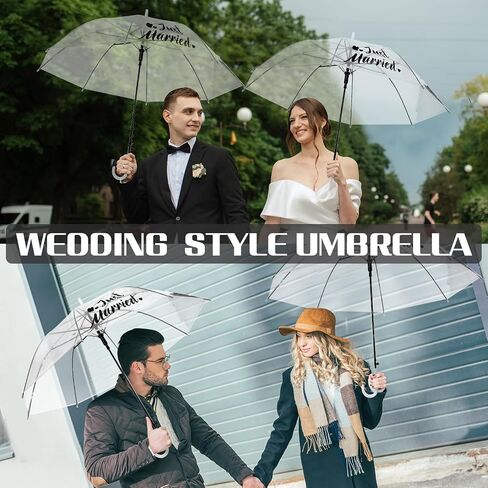 Kajaia 12 Pcs Clear Umbrella Just Married Wedding Style Stick Umbrellas Large Canopy Auto Open Windproof Transparent Umbrella with J Hook Handle for Wedding Bridal Shower Party Supplies in Saudi Arabia