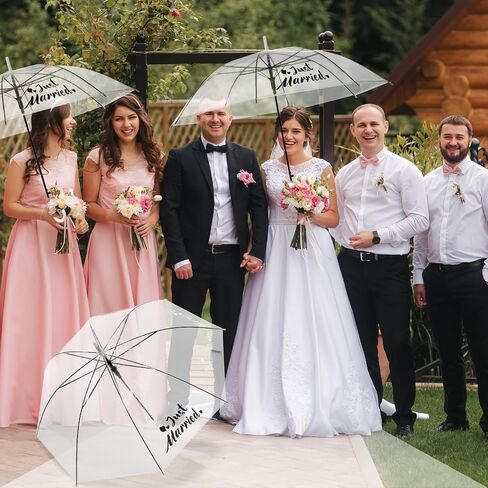 Kajaia 12 Pcs Clear Umbrella Just Married Wedding Style Stick Umbrellas Large Canopy Auto Open Windproof Transparent Umbrella with J Hook Handle for Wedding Bridal Shower Party Supplies in Saudi Arabia