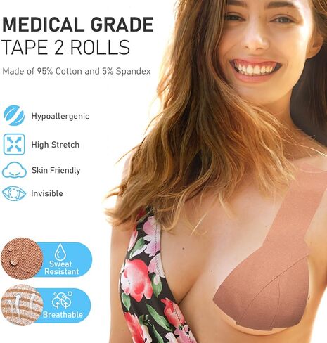 شريطان لرفع الثدي - شريط رفع الثدي، شريط للجسم لرفع الثدي مع زوجين من بتلات الثدي السيليكون حمالة صدر لاصقة قابلة لإعادة الاستخدام و50 قطعة شريط مزدوج الجوانب، شريط بوب للثدي الكبير، كوب A-G، أسود وعاري in Kuwait