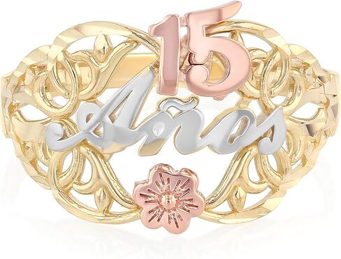 Ioka -14K الصلبة ثلاثي الألوان الذهب الحلو 15 أنوس 15 سنة عيد ميلاد خاتم زهرة Quinceanera in Saudi Arabia